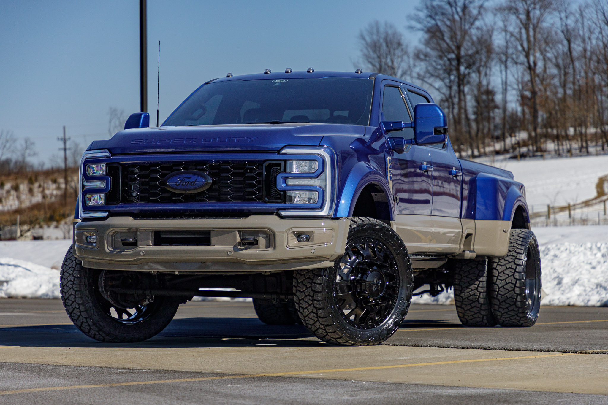 2026 Ford F-450 with a two-tone paint scheme, featuring both Argon Blue and Marsh Gray. 